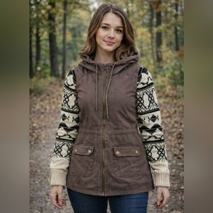 Skies Are Blue Women’s Utility Sweater Jacket Medium Brown Hooded Zip-Up Pockets